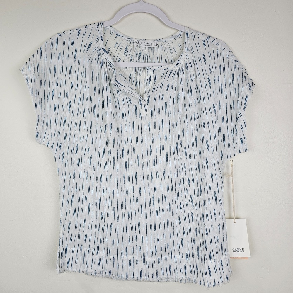 Carve Designs Top Women XXS White James Top Azul Ikat Organic Cotton Gauze